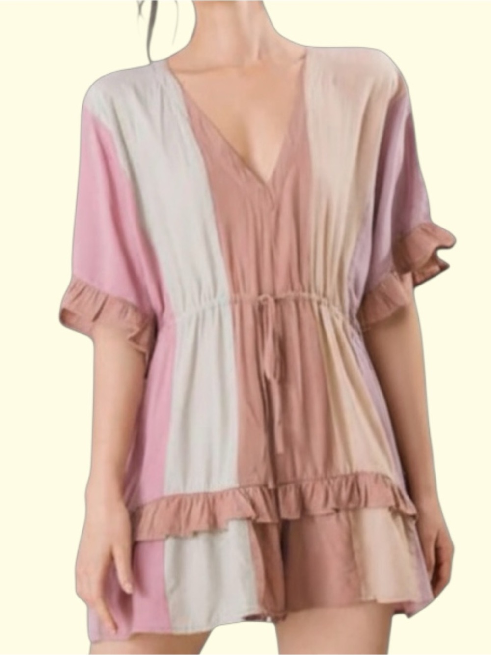 STORIA Striped V-Neck Ruffle Tie-Waist Romper in Mauve & Cream Small